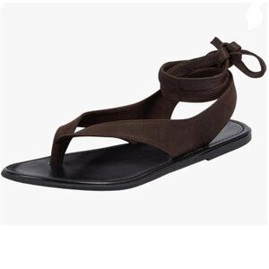 FOWT Dark Brown Split Round Toe Sandals Lace up Strappy Soft Flip Flop Flats